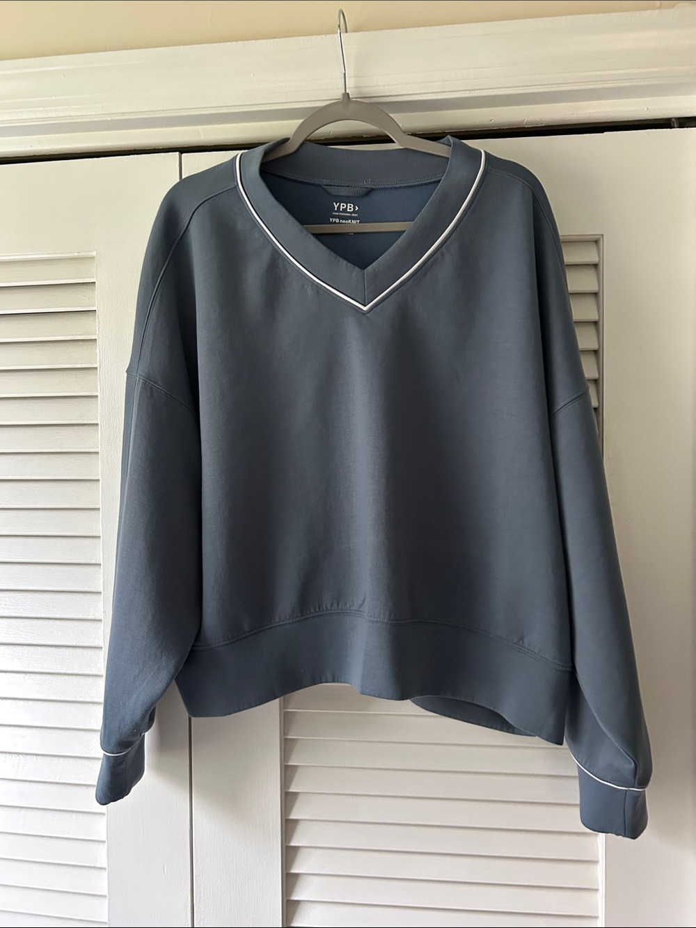YPB Slate Blue V-Neck Relaxed Sweater with White Trim